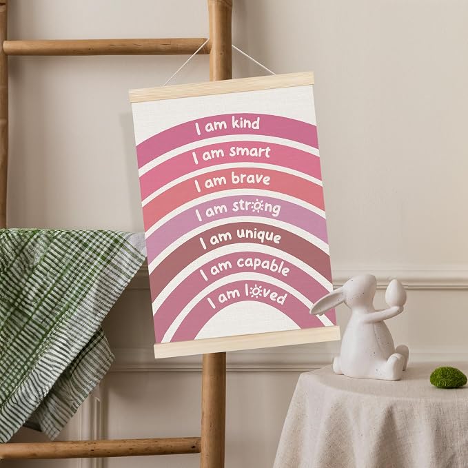 Koesus Inspirational Classroom Pink Rainbow Wall Art Poster Hanger Frame 12x16 Inch Set of 3, Positive Affirmations for Kids, Motivational Canvas Prints Framed Wall Decor for Classroom Kids Room