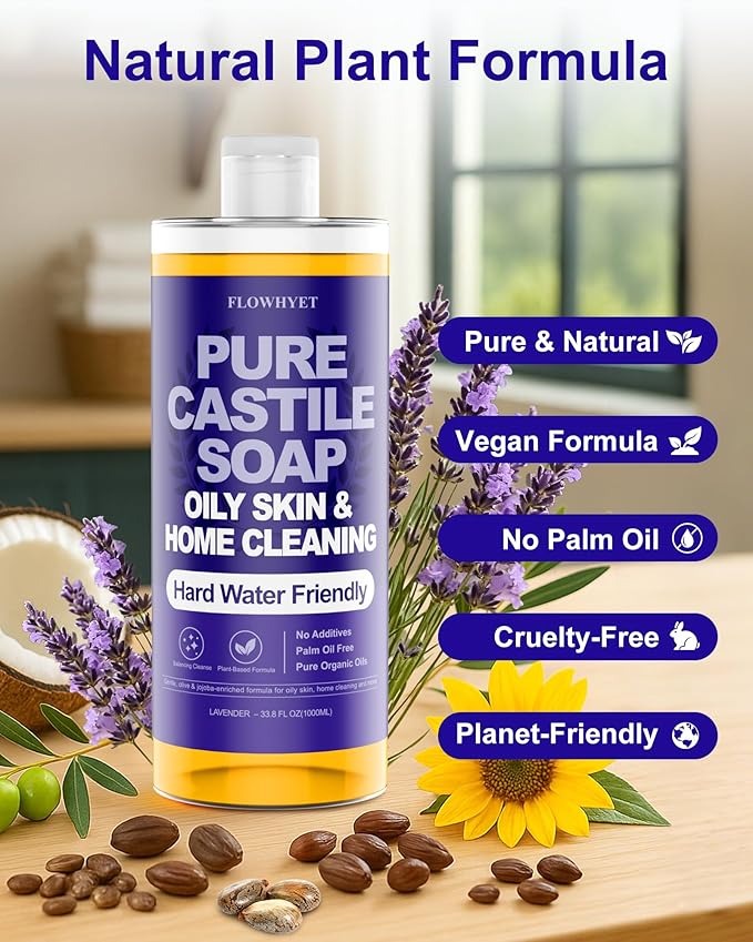 Pure Castile Soap Liquid Lavender 33.8 fl oz – Natural & Vegan Body Wash for Oily & Sensitive Skin, Hard Water Friendly Bath Soap Liquid for Body,Face, Laundry Soap & Home Cleaning 1L
