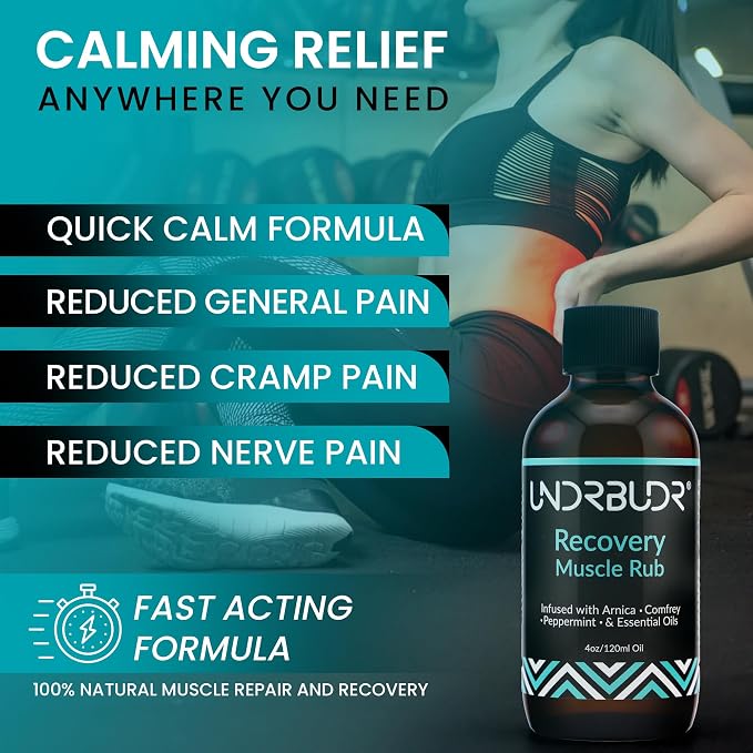 Post-Activity Recovery Muscle Rub Oil with Arnica, Comfrey & Essential Oils–4oz for Muscle Soreness, Back Pain, Joint Discomfort & Post-Workout Recovery, Natural Formula for Active Lifestyles