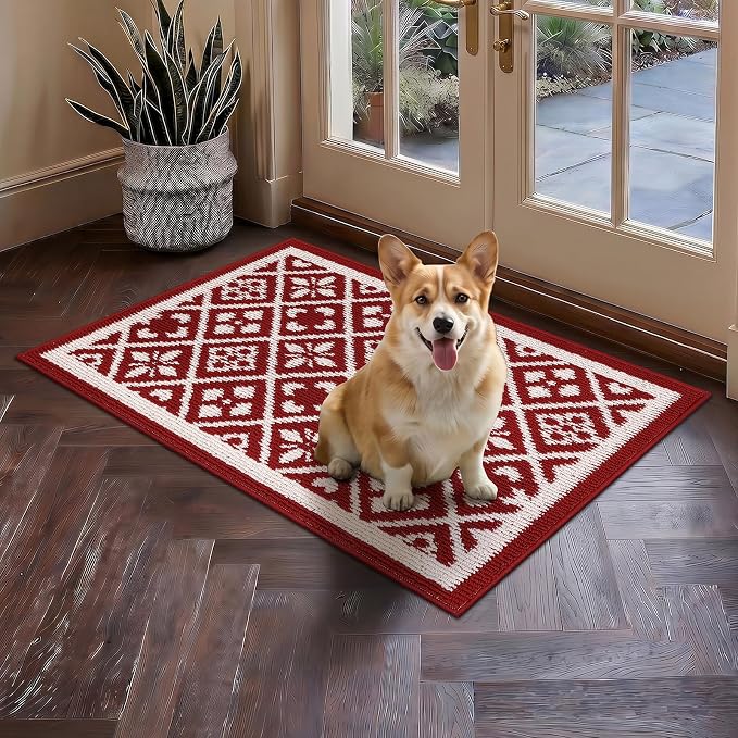 Ileading Christmas Entrance Door Mat, Absorbent Dog Mats for Muddy Paws, Low-Profile Small Red Xmas Decor Kitchen Runner Rug with Non-Slip Backing, Machine Washable Entryway Welcome Mat(Red 24"X36")