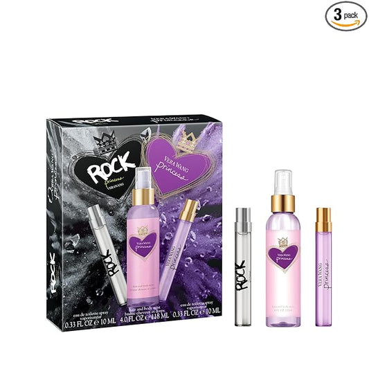 Vera Wang Princess + Rock Princess, Body Mist and Eau de Toilette Spray (2) 3 Piece Gift Set, Notes of Peach, Jasmine, and Vanilla, Women's Fragrance, Long Lasting, Everyday Fragrance