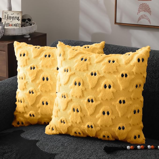 DFXSZ Halloween Pillow Covers 20x20 inch 2Pcs Yellow Ghost Halloween Decor | Halloween Decorations Set of 2 Throw Pillow Cases Plush Faux Fur Wool Cushion for Chair Sofa Bedroom Living Room Home Decor