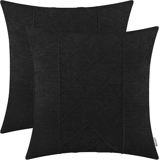BRAWARM Chenille Throw Pillow Covers 20x20 Inches, Black, 2 Pack | Decorative Pleated Pillow Covers, Soft Cushion Cases for Sofa Bed Living Room Home Farmhouse (No Insert)