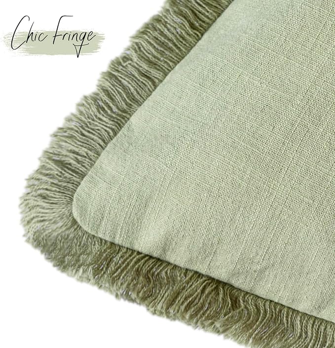 Foindtower Set of 2 Decorative Linen Fringe Throw Pillow Covers Boho Farmhouse Cushion Cover with Tassels Soft Accent Pillowcase for Couch Sofa Bed Living Room Home Decor,24×24 Inch,Light Sage Green
