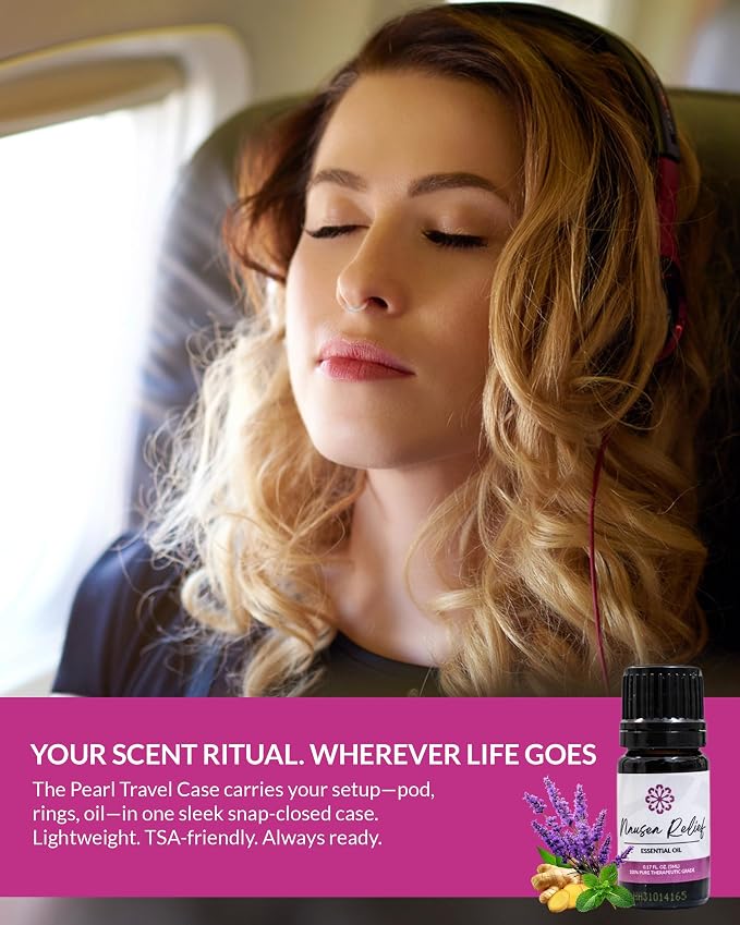 Essence Pearl Travel Case | Nausea Relief Essential Oil | Aromatherapy Nasal Diffuser & Essential Oil Carrying Case | Peppermint & Ginger Blend | Travel-Friendly Kit | White Pod
