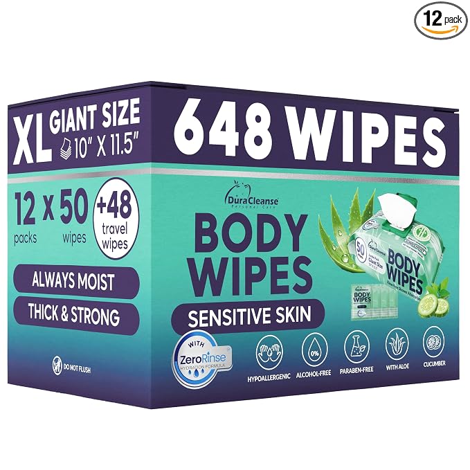Body Wipes for Women, Extra Moist No Rinse Bathing Sheets 12pk, 648 XL Shower Cloths -10 x 11.5" Travel Size Essentials,Toiletries for Womens Hygiene & Post Workout Cleanup