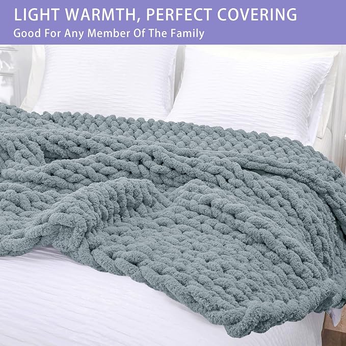 Bigacogo Chunky Knit Throw Blanket for Couch, 40x40 inches, Dusty Blue | Hand Knit with Jumbo Chenille, Soft Breathable Cable Knit for Sofa Bed Living Room, Machine Washable, Gift for Mom Friend