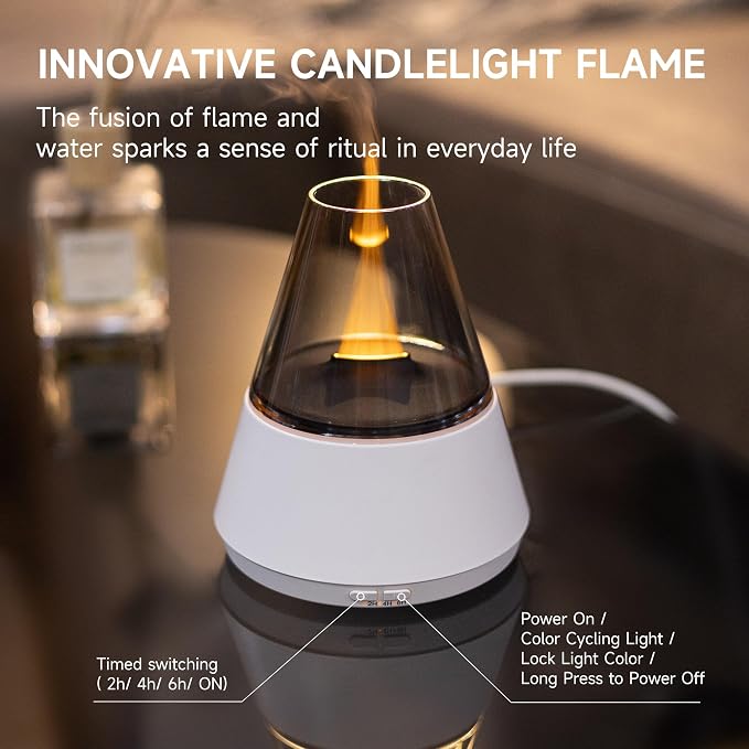 TMEHM Essential Oil Diffuser, 7 Colors Candle Flame Air Diffuser Humidifier, Ultrasonic Aromatherapy Humidifier with Timer for Home, Bedroom, Office, Yoga (White, M)