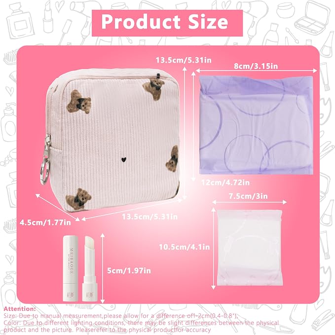 Period Bag for Girls, Corduroy Sanitary Napkin Storage Bag, Period Pouch & Tampon Holder, Feminine Care Organizer（Pink Bear）