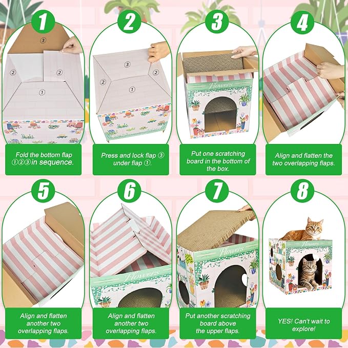 Cinrobiye Cardboard Cat House with 2 Pcs Scratching Pad，Pet Hideaway Cave Board Bed Playhouse Condo Box Decor Small Animals Scratcher Bed for Indoor Cats Kittens Rabbits Bunny