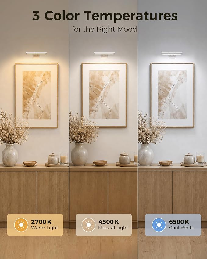 EZVALO Picture Light for Wall, Rechargeable 2400mAh Lights Wireless with IR Remote, 3 Color & Dimmable Magnetic 7.8'' LED Lights Display for Painting, Living Room, Gallery, Bedroom(White-3P)