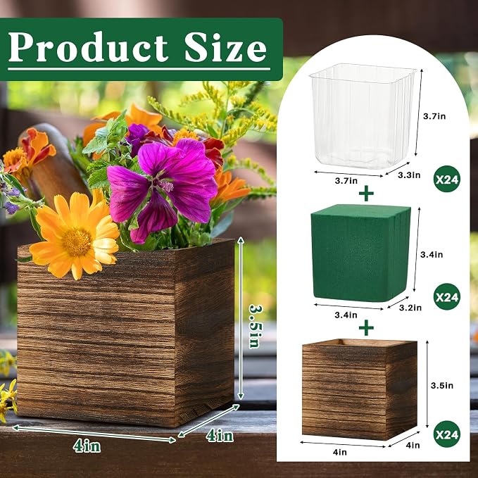 24 Set Wood Cube Planter Box Square Wood Vase Rustic Cube Planter Box with Removable Plastic Liner Floral Foam Blocks for Centerpieces Home Wedding Garden Decor, Country Style (Brown)