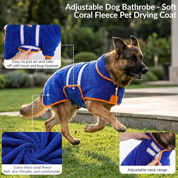 Dog Bathrobe, Super Absorbent for Small to Large Dogs, Dark Blue S | Dog Robes with Soft Fleece, Warm & Cozy, Adjustable Fit, and Quick Drying Coat for Baths Swimming and Grooming