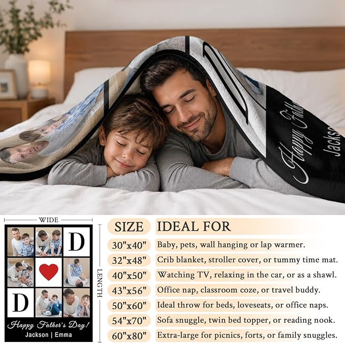 Fathers Day Birthday Gift for Dad Custom Blanket with 6 Photo & Text, Personalized Blankets with Picture to My Dad, HD Printing Customized Flannel Throw Blanket Gifts for Best Daddy Grandpa Ever