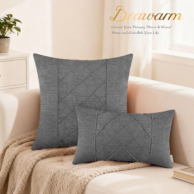 BRAWARM Chenille Throw Pillow Covers 20x20 Inches, Gray, 2 Pack | Decorative Pleated Pillow Covers, Soft Cushion Cases for Sofa Bed Living Room Home Farmhouse (No Insert)