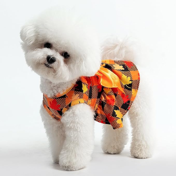 PUPTECK Plaid Dog Dress with Bow Puppy Clothes for Autumn Maple Leaf XS | Puppy Doggie Pet Clothes Outfits Apparel Costume for Wedding Anniversary Holiday Photoshoot for Small Medium Large Dogs Girl