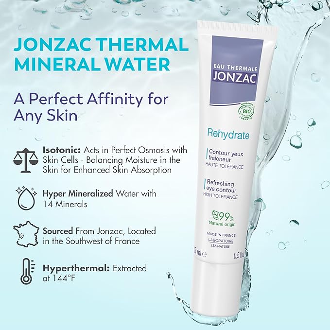 Eau Thermale Jonzac Rehydrate Organic Refreshing Eye Contour Cream - Soothing Hydration with Hyaluronic Acid For Dark Circles -For Sensitive Skin 0.5 Fl Oz