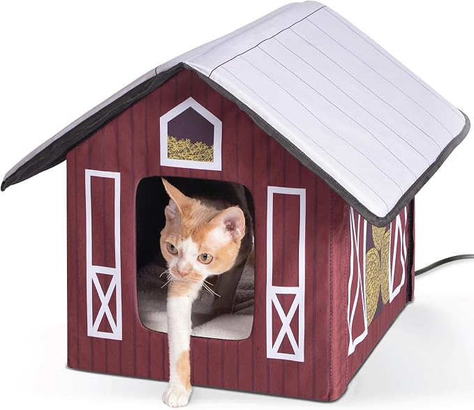 K&H Heated Cat House, Outdoor Kitty Shelter, Safety Listed, 20W, Barn | Heated Cat House for Outside, Weatherproof Shelter for Ferals, Insulated with Smart Thermostat, 2 Doors, Waterproof Bed