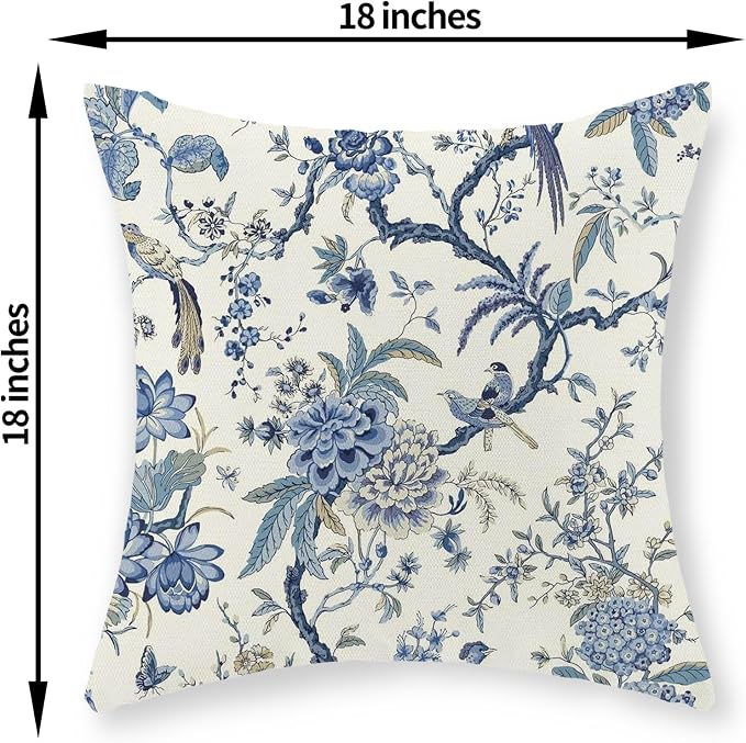 Chinoiserie Floral Bird Pillow Covers 18x18 Set of 2 Spring Chinoiserie Flowers Decorative Pillowcase Outdoor Blue and Cream Throw Pillows Farmhouse Linen Cushion Case for Couch Home Decor