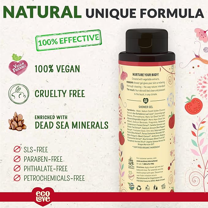 ecoLove - Natural Moisturizing Body Wash for Dry Skin - Organic Tomato and Beetroot - No SLS or Parabens - Vegan and Cruelty-Free Shower Gel, 17.6 oz
