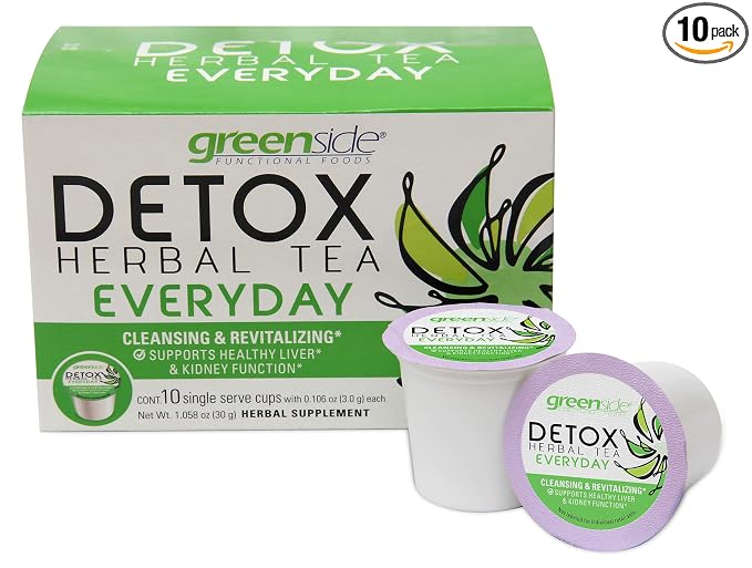 greenside Detox Herbal Tea Single Serve Cups for Everyday - Cleansing and Revitalizing Body Supplements - 10 Cups (3-gram Serving/Cup)
