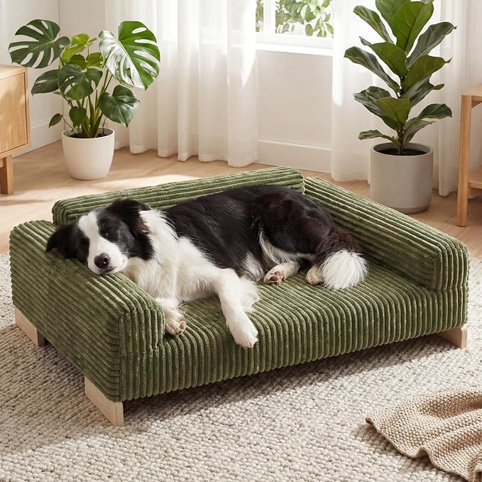 Veehoo Elevated Dog Bed Indoor, Wood Furniture Style Dog Couch Sofa | Small medium dogs sofa, sturdy wood frame, washable cover, easy assembly, supportive foam