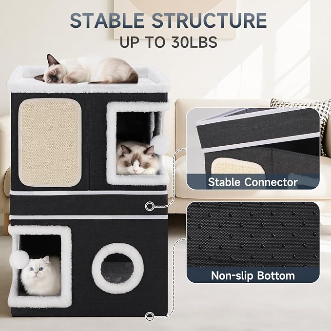 Shikha 2 Story Cat House beds for Indoor Cats with Scratch Pads Black | 2 in 1 Dual Use Double Cat Bed Cave for Multiple Pets Kitten, Elevated Perch for a Wide View, All Season Reversible Cushion