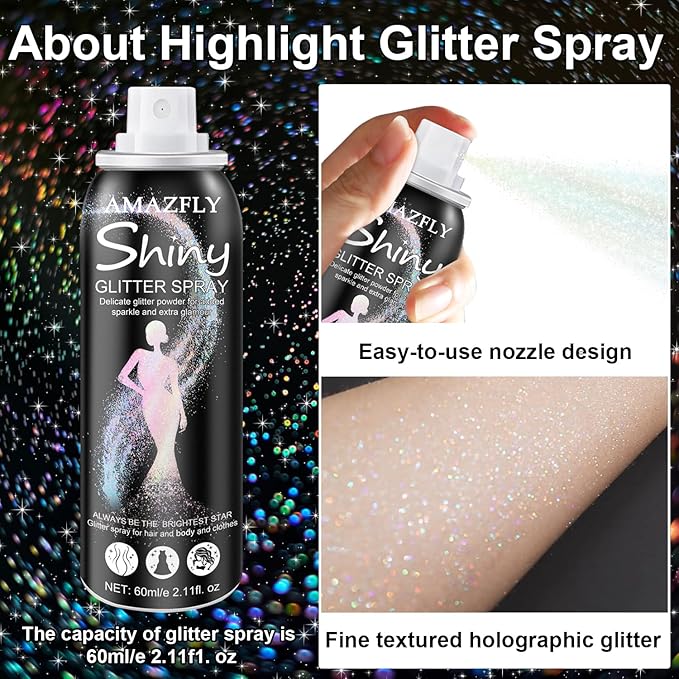 Hair and Body Glitter Spray, Temporary Shiny Hairspray for Face, Hair, Clothing, Holographic Shiny Glitter Long-Lasting Quick-Drying for Festival Prom Rave Accessories (Rainy-Rainbow, 2.11OZ)
