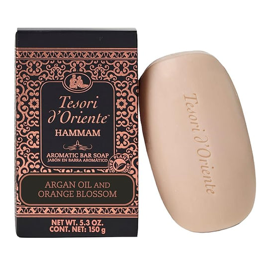 Tesori d’Oriente Hammam Bar Soap, 5 oz, Plant-Based Aromatic Hand & Body Soap Bar with Argan Oil, Hydrating, Gentle Cleanser for Men & Women, Warm Orange Blossom Scent
