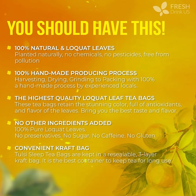 FreshDrinkUS, Premium 40 Tea Bags Loquat Leaf Tea | Eriobotrya japonica | Herbal Tea Bags | Naturally Dried Loquat Leaves | Caffeine-Free Botanical Tea. Sugar-Free. Caffeine-Free. Vegan