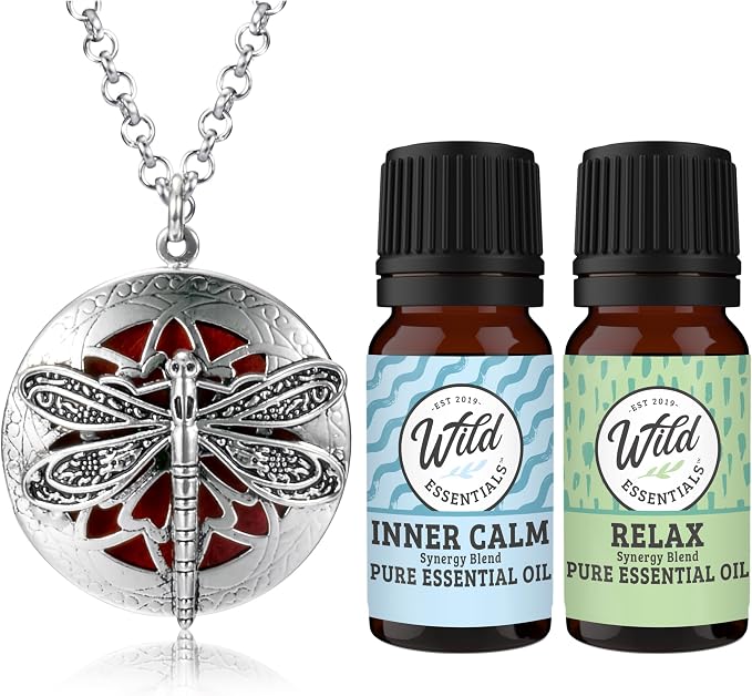 Wild Essentials Dragonfly Diffuser Necklace Kit – Nickel Free Alloy Hinged Locket Pendant, 12 Color Pads (17mm) – Includes Inner Calm & Relax Blends (2 x 10ml) – USA Made Oils – Family Company