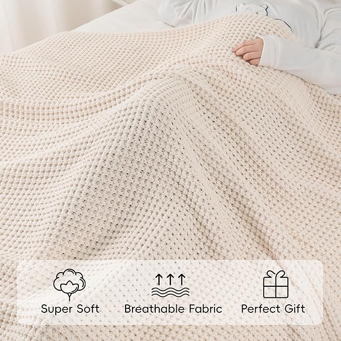 Cream White Throw Blanket for Couch Bed, Waffle Knit Throw Blanket 60"x80" | Ivory Chunky Chenille Throw Blanket, Modern Farmhouse Knitted Blankets, Warm Decorative White Blanket Throw for Home Decor