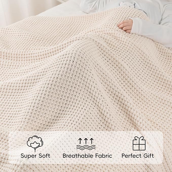 Cream White Throw Blanket for Couch Bed, Waffle Knit Throw Blanket 50"x60" | Ivory Chunky Chenille Throw Blanket, Modern Farmhouse Knitted Blankets, Warm Decorative White Blanket Throw for Home Decor