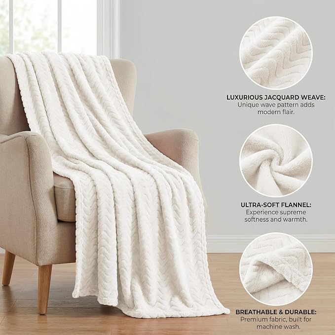 Exclusivo Mezcla Soft Fleece Blanket Queen Size for Bed, Sofa, Ivory | 90"x90" Breathable Lightweight Flannel Blanket for Summer, Plush Cozy Jacquard Wave for Home Decor