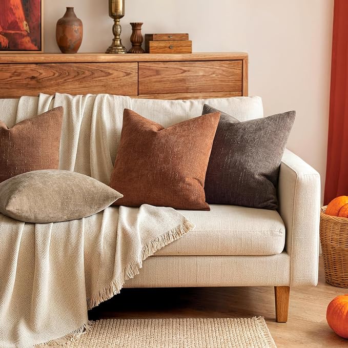 MIULEE Textured Chenille Fall Throw Pillow Covers 20x20 Inch Dark Rust | Pack of 2 Decorative Soft Throw Pillows, Solid Textured Cushion Covers, Modern Home Decor for Couch Sofa Bedroom Living Room