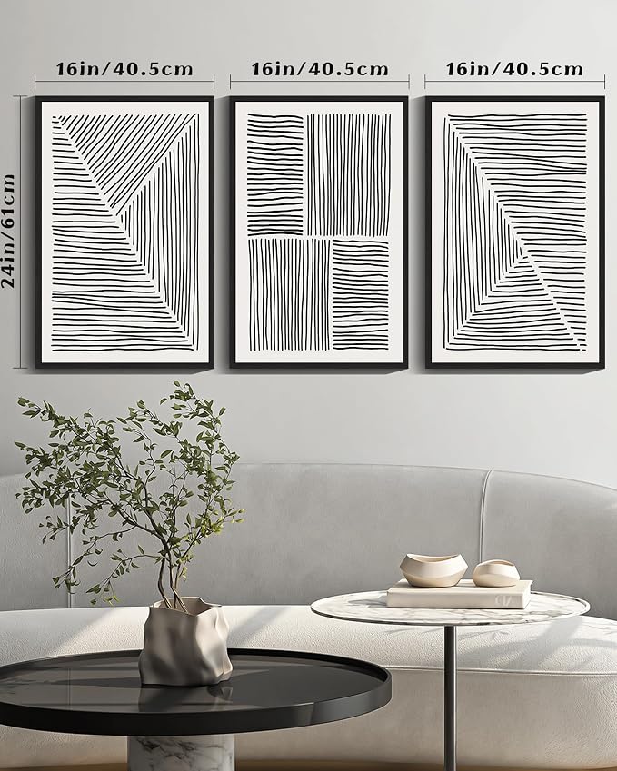 Drsoum Mid-Century Modern Framed Wall Art Large 16x24in Minimalist Abstract Boho Black Line Wall Decor Geometric Artwork Kitchen Dining Room Black Framed