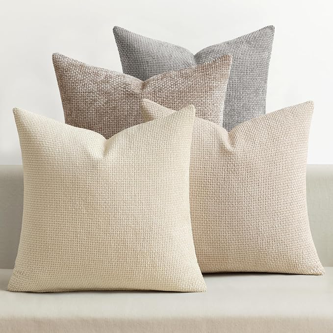 MIULEE Decorative Chenille Pillow Covers Neutral Beige 20x20 Pack of 4 | Modern Home Decor, Cozy Cream Collection, Couch Throw Pillows, Farmhouse Boho Cushion Covers for Sofa Bed Living Room