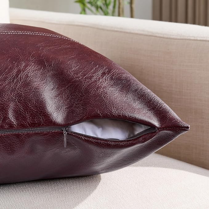 Fancy Homi Burgundy Faux Leather Decorative Throw Pillow Covers 20x20 Inch for Couch Bed Sofa, Rustic Modern Farmhouse Boho Home Decor, Wine Red Hand Stitched Accent Square Cushion Case 50x50 cm