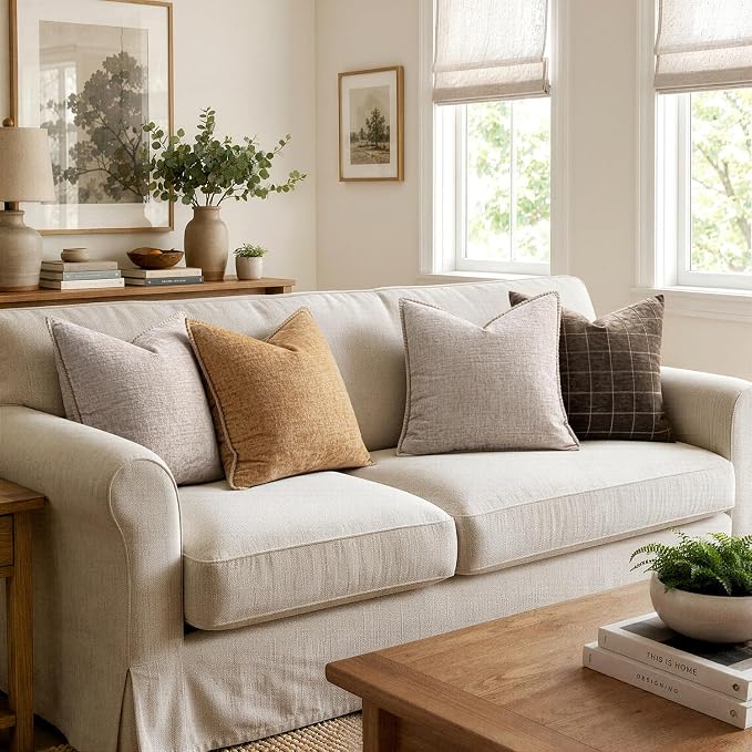 MIULEE Decorative Couch Throw Pillow Covers 18x18 Inch Apricot Brown 2 Pack | Farmhouse Pillow Covers with Stitched Edge, Soft Chenille Cushion Cases, for Sofa Bed Living Room Home Decor