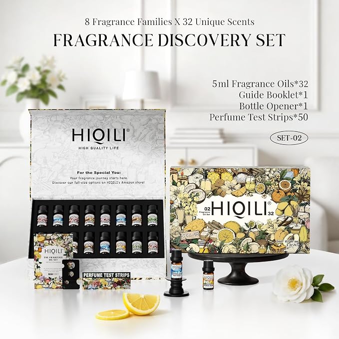 HIQILI Discovery Fragrance Oil Gift Set for Diffuser, Candle & DIY Perfume | Ideal for Candle & Perfume Making, Long-Lasting Scent from 8 Curated Notes, Non-Toxic, Beautiful Packaging