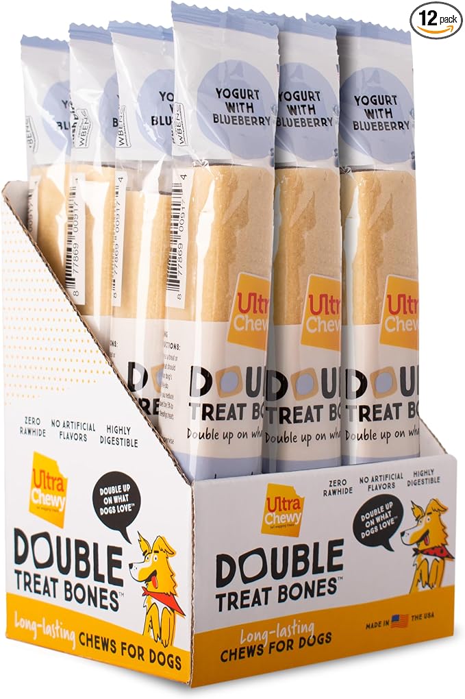 Ultra Chewy Yogurt with Blueberry Double Treat Bones, 12 Count | Long-Lasting Dog Treats, Made in USA, For Large and Small Breeds, Highly Digestible