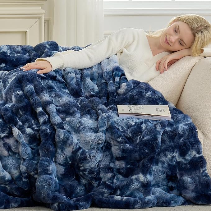 Cozy Bliss Deluxe Striped Rabbit Faux Fur Throw Blanket, Soft Fluffy Warm Plush Blanket for Winter, Modern Homr Decor, Tie-dye Blue 60"x80"