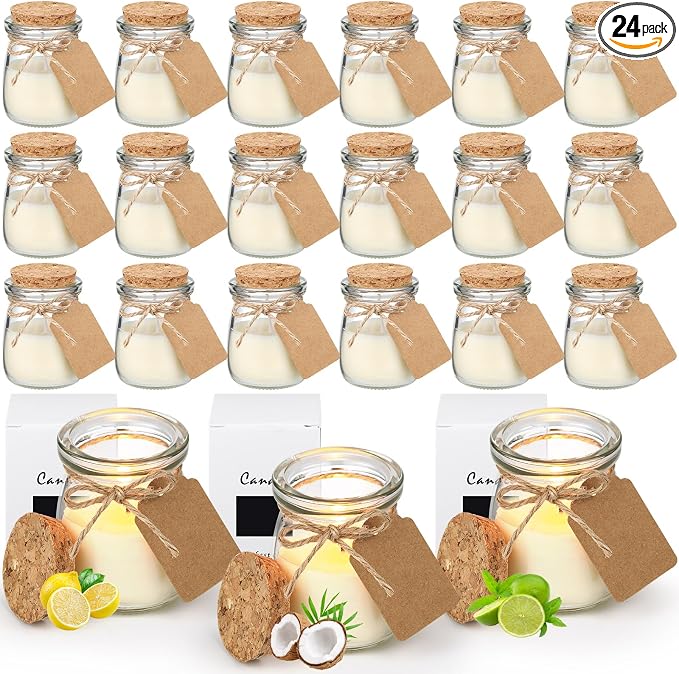 MTLEE 24 Pcs Wedding Jar Candles for Guests Wedding Candle Gift Natural Wax Candles with DIY Tag Cards for Bridesmaid Baby Shower Party Favors Home Decor, Scents of Lemon/Tangerine/Coconut Milk