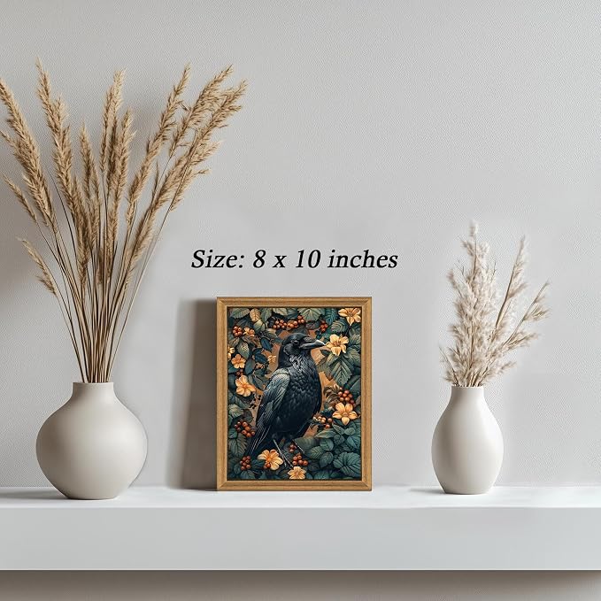 ICHZUMW Framed William Morris Raven Dark Academia Canvas Wall Art 8x10 In | Gothic Dark Cottagecore Crow Painting, Moody Floral Wall Decor for Bedroom Living Room Bathroom Office, Ready to Hang