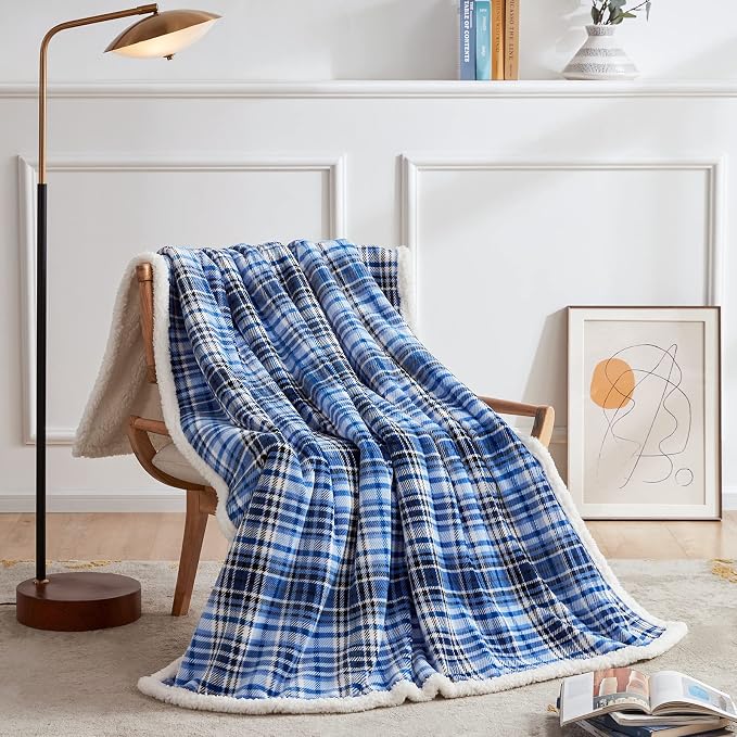 Sherpa Plaid Throw Blanket(60" X 70", Plaid Blue), Fuzzy Fluffy Cozy Soft Blanket, Fleece Flannel Plush Twin Size Microfiber Blanket for Couch Bed Sofa