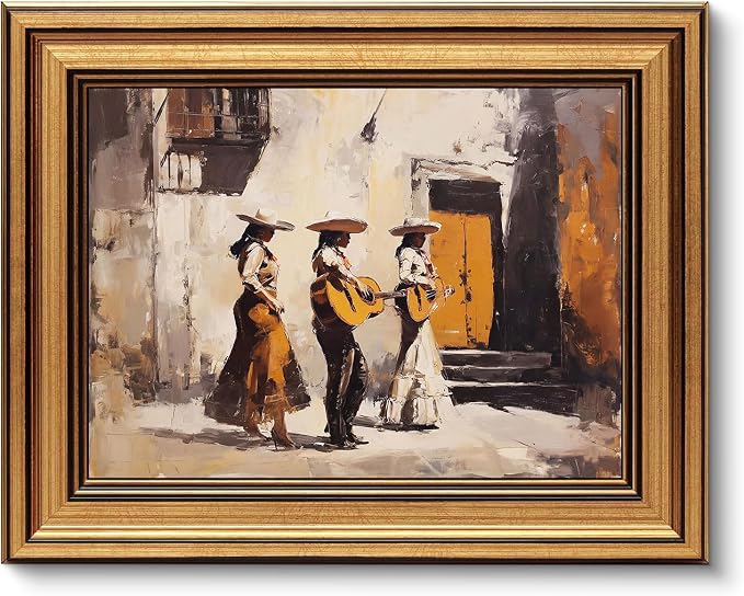 Gold Framed Wall Art, Mexican Mariachi Canvas Prints, Vintage Mexican Street Scene Picture Wall Decor, Rustic Southwestern Artwork for Living Room Bedroom 9x11 inch