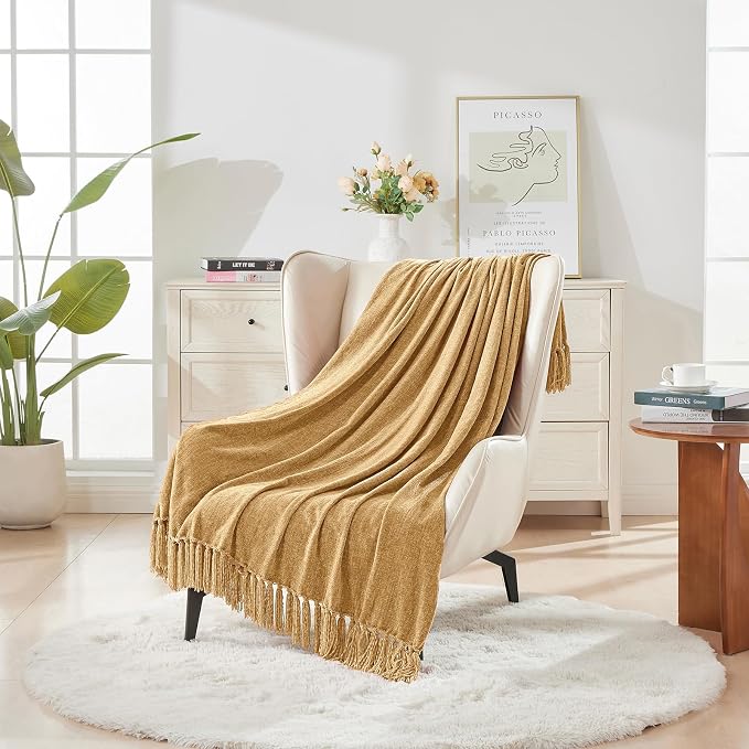 CozeCube Chenille Throw Blanket, Light Brown Fringe Blanket, 50"X60" | For Couch, Cozy Plush Fuzzy Decorative Blanket with Fringe Tassels, Lightweight Throws for Bed Sofa Gift Home Decor