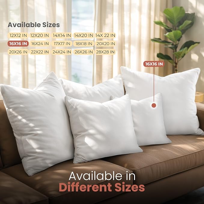 Utopia Bedding 16x16 Pillow Inserts, White Throw Pillows for Couch, 2 Pack | Indoor cushion inserts for bed, sofa & couch, Supportive & fluffy decorative pillows for everyday comfort, Set of 2, White