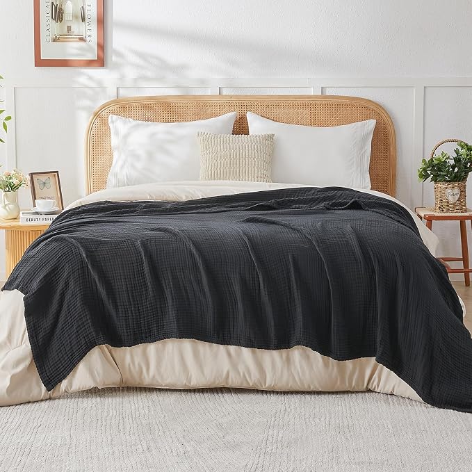 EMME Muslin Blankets for Adults Throw Blanket for Couch Breathable Gauze Soft Lightweight Airy Black Queen 90" x 90"