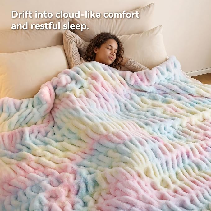 Rainbow Fluffy Blanket for Couch - Luxury Faux Rabbit Fur 60"x80" | Ultra Soft & Plush Comfort Ruched Blanket, Cozy Fuzzy Colorful Throw for Sofa & Bed, Great Gift for Women, Rainbow Room Decor